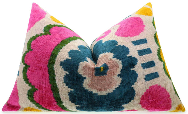 Canvello Handmade Velvet Lumbar Pillow In Bright Pink, Teal, And Yellow Floral Ikat Design - High-Quality 16x24 Inch Decorative Accent For Sofas, Couches, And Interior Design