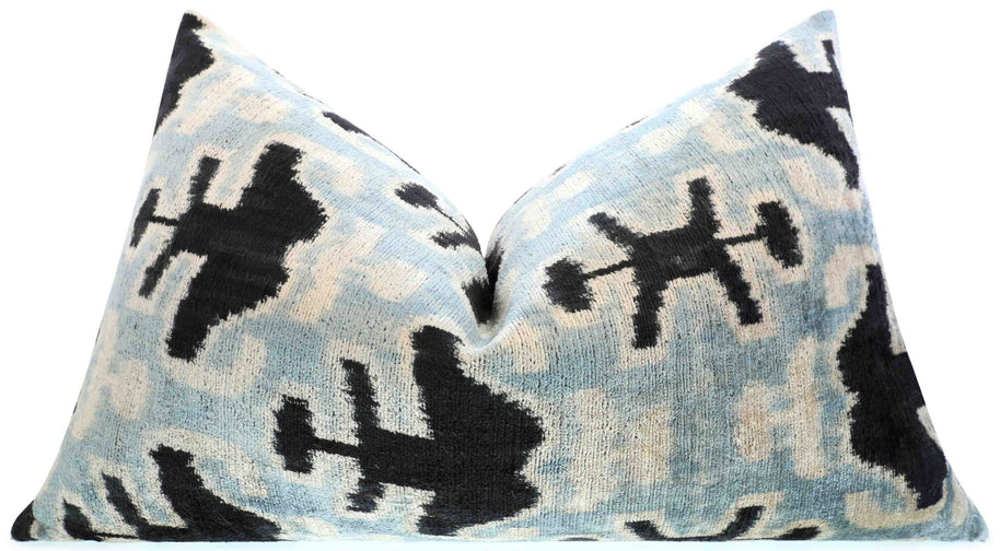 Canvello Handmade Velvet Lumbar Pillow In Gray And Black Ikat Design - High-Quality 16x24 Inch Decorative Accent With Premium Down Feather Insert For Sofas, Couches, And Interior Design