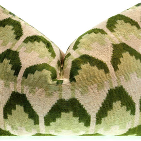Canvello Handmade Velvet Lumbar Pillow In Green And Cream Ikat Design - High-Quality Decorative Accent With Premium Down Feather Insert