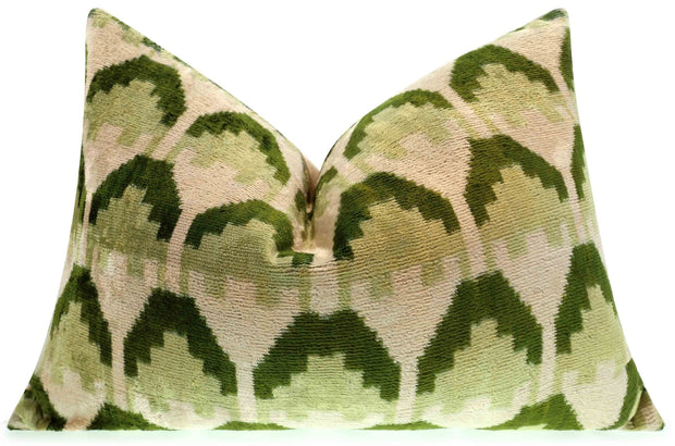 Canvello Handmade Velvet Lumbar Pillow In Green And Cream Ikat Design - High-Quality Decorative Accent With Premium Down Feather Insert