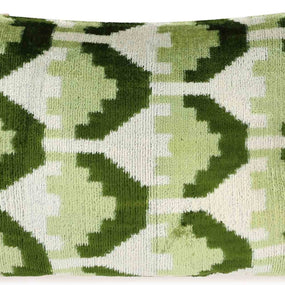 Canvello Handmade Velvet Lumbar Pillow In Green And Cream Ikat Design - High-Quality Decorative Accent With Premium Down Feather Insert