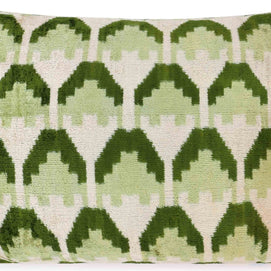 Canvello Handmade Velvet Lumbar Pillow In Green And Cream Ikat Design - High-Quality Decorative Accent With Premium Down Feather Insert