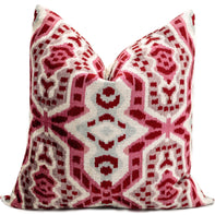 Canvello Handmade Velvet Throw Pillow With Red And Pink Ikat Design - High-Quality 20x20 Inch Decorative Accent With Premium Down Feather
