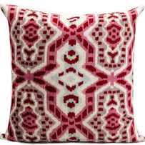 Canvello Handmade Velvet Throw Pillow With Red And Pink Ikat Design - High-Quality 20x20 Inch Decorative Accent With Premium Down Feather