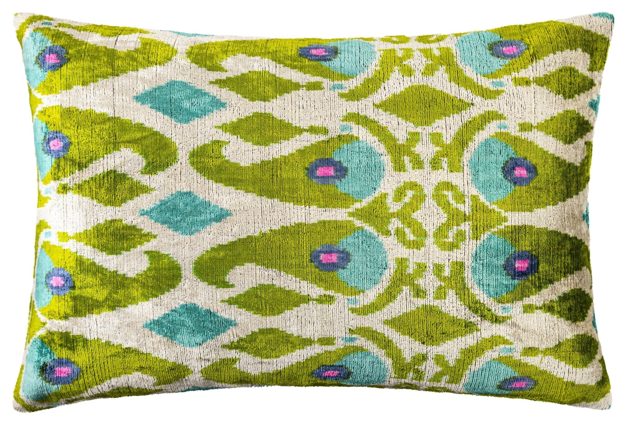 Canvello Luxurious 16x24 Handmade Velvet Silk Pillow With Premium Down Feather Insert - Elegant Green And Blue Patterned Design