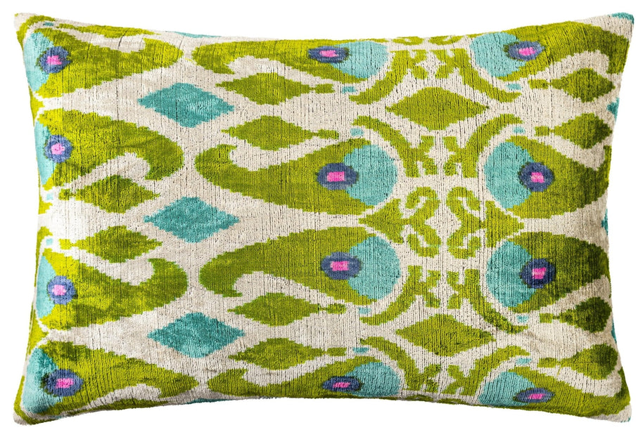 Canvello Luxurious 16x24 Handmade Velvet Silk Pillow With Premium Down Feather Insert - Elegant Green And Blue Patterned Design