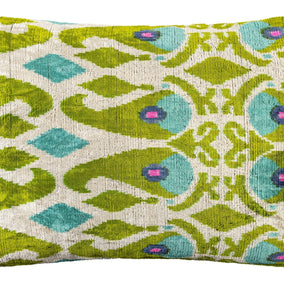 Canvello Luxurious 16x24 Handmade Velvet Silk Pillow With Premium Down Feather Insert - Elegant Green And Blue Patterned Design