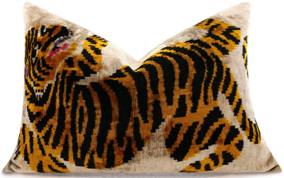Canvello Luxury Velvet Lumbar Pillow,Tiger Design In Golden, Black, High-Quality 16x24 In Decorative Accent For Sofas, Couches, And Interior Design