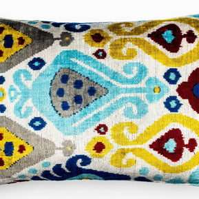 Canvello Organic Handmade Silk Velvet Pillow: 16x24 Inches With Premium Down Feather Insert - Luxury Blue Gold Gray Geometric Floral Pattern