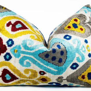 Canvello Organic Handmade Silk Velvet Pillow: 16x24 Inches With Premium Down Feather Insert - Luxury Blue Gold Gray Geometric Floral Pattern