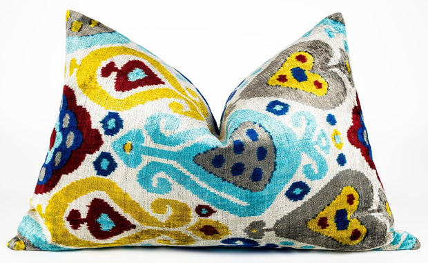 Canvello Organic Handmade Silk Velvet Pillow: 16x24 Inches With Premium Down Feather Insert - Luxury Blue Gold Gray Geometric Floral Pattern