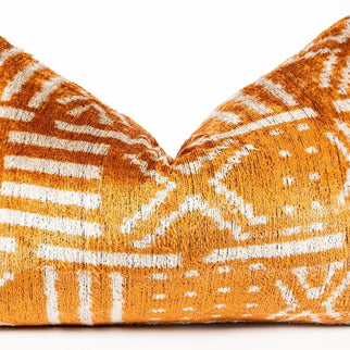 Canvello Organic Handmade Silk Velvet Pillow: 16x24 Inches With Premium Down Feather Insert - Luxury Copper Orange Geometric Floral Pattern