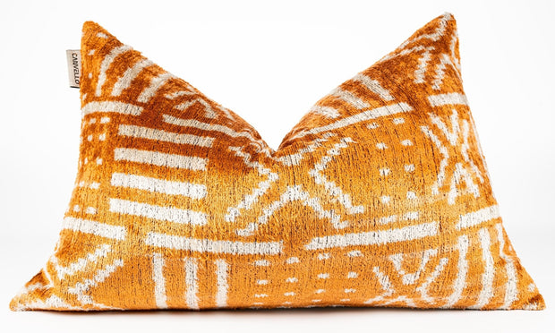 Canvello Organic Handmade Silk Velvet Pillow: 16x24 Inches With Premium Down Feather Insert - Luxury Copper Orange Geometric Floral Pattern