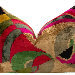 Canvello Organic Handmade Silk Velvet Pillow: 16x24 Inches With Premium Down Feather Insert - Luxury Gold Green Pink