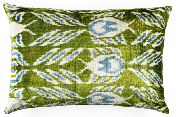 Canvello Organic Handmade Silk Velvet Pillow: 16x24 Inches With Premium Down Feather Insert - Luxury Green Geometric Floral Pattern
