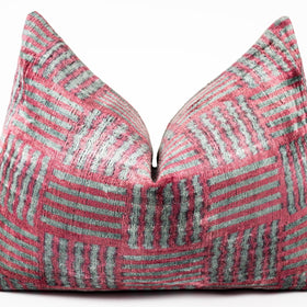 Canvello Organic Handmade Silk Velvet Pillow: 16x24 Inches With Premium Down Feather Insert - Luxury Red Gray Geometric Pattern