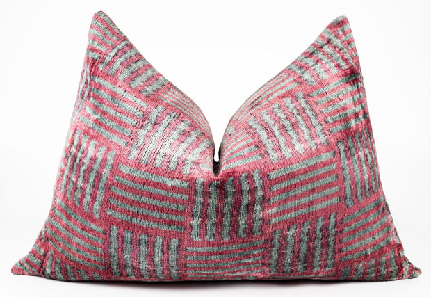 Canvello Organic Handmade Silk Velvet Pillow: 16x24 Inches With Premium Down Feather Insert - Luxury Red Gray Geometric Pattern