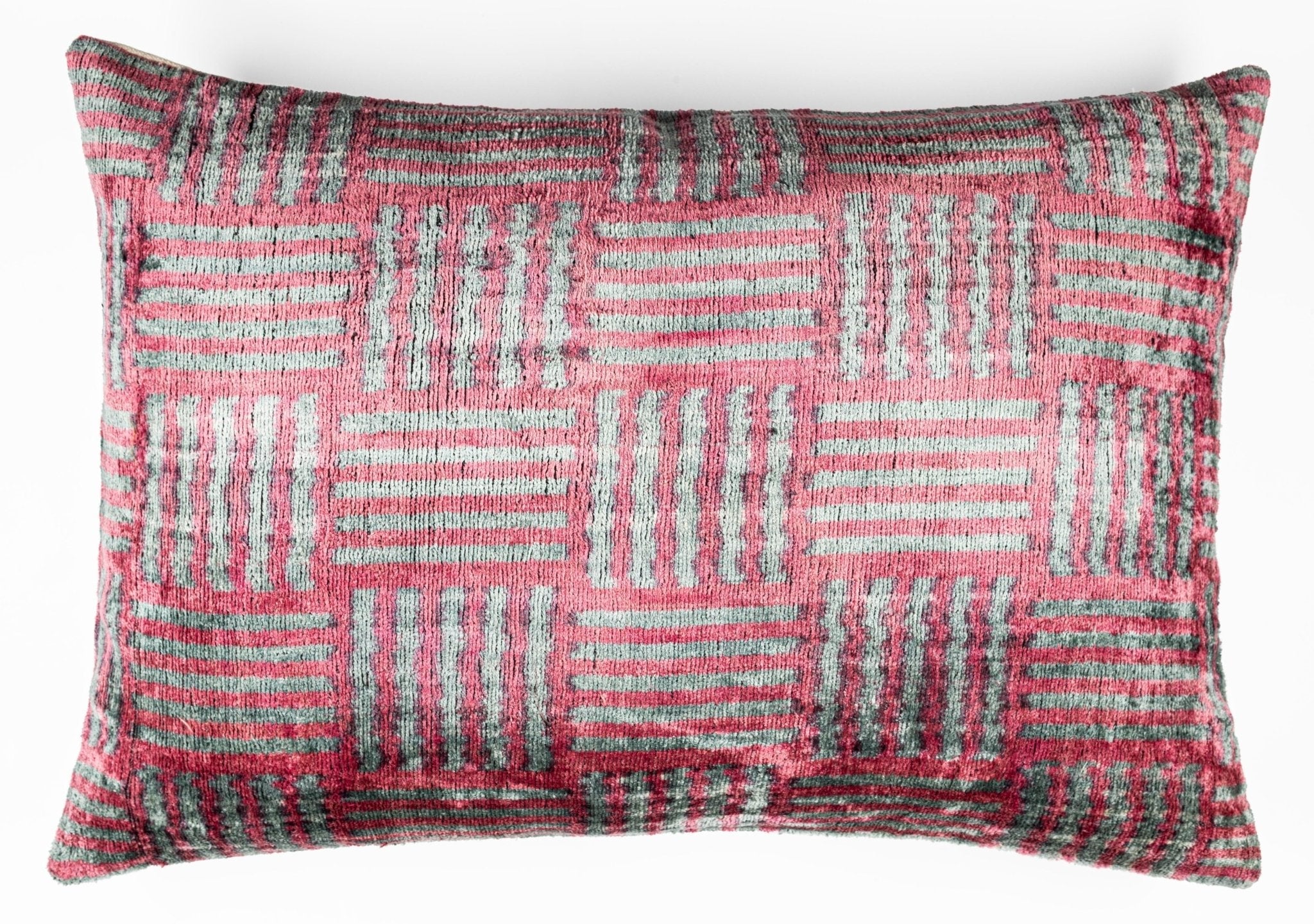 Canvello Organic Handmade Silk Velvet Pillow: 16x24 Inches With Premium Down Feather Insert - Luxury Red Gray Geometric Pattern