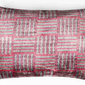Canvello Organic Handmade Silk Velvet Pillow: 16x24 Inches With Premium Down Feather Insert - Luxury Red Gray Geometric Pattern