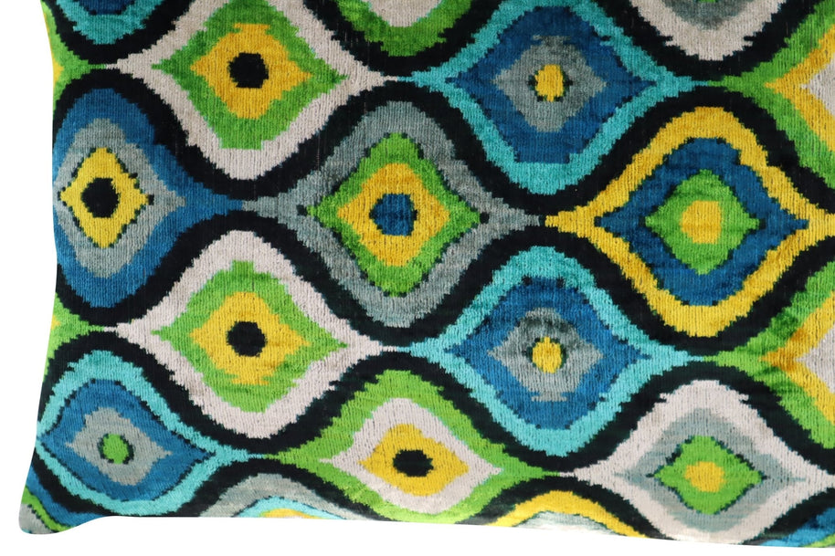 Canvello Yellow Blue Handmade 16x24 Silk Velvet Pillow, Organic Veg Dyed, Down/Feather Filled