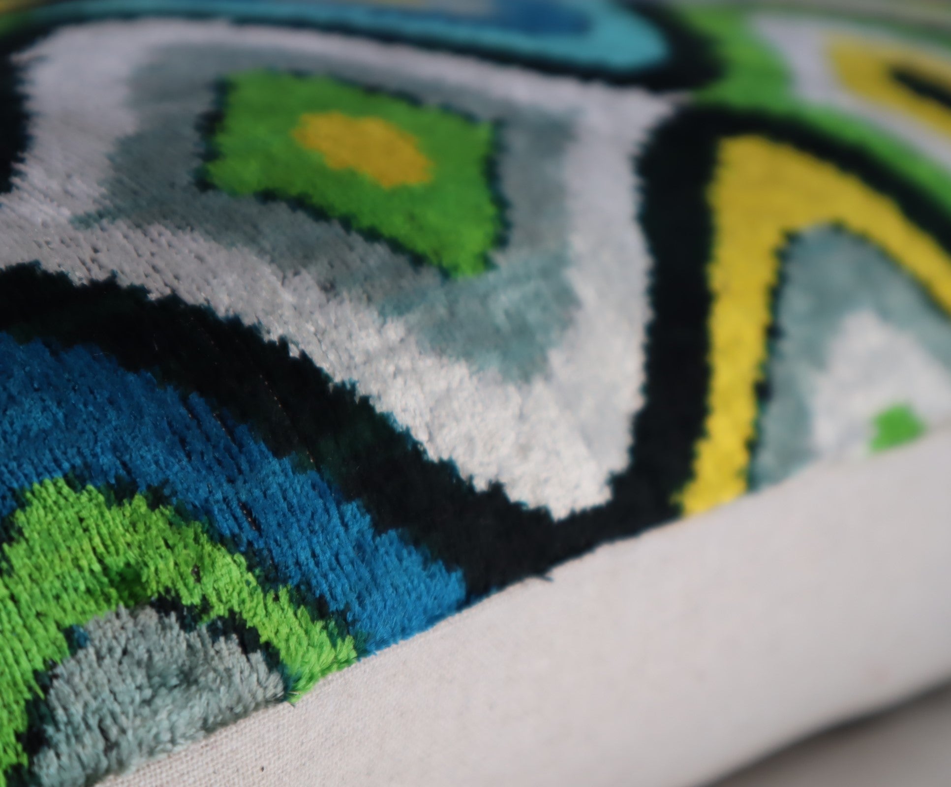 Canvello Yellow Blue Handmade 16x24 Silk Velvet Pillow, Organic Veg Dyed, Down/Feather Filled