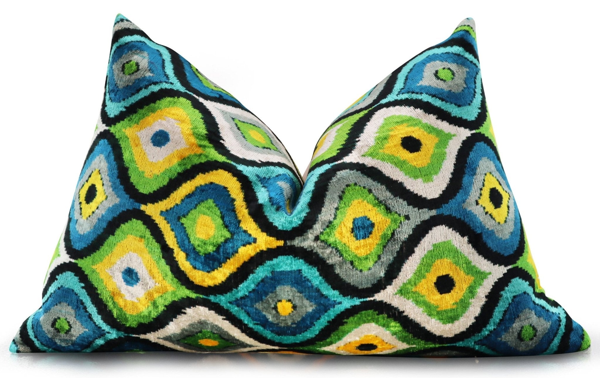 Canvello Yellow Blue Handmade 16x24 Silk Velvet Pillow, Organic Veg Dyed, Down/Feather Filled