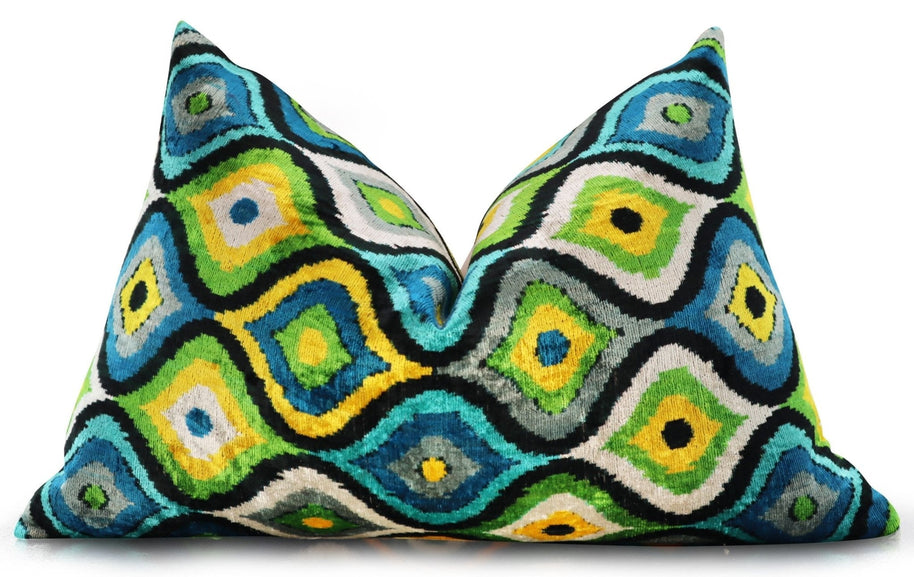 Canvello Yellow Blue Handmade 16x24 Silk Velvet Pillow, Organic Veg Dyed, Down/Feather Filled