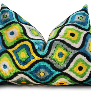 Canvello Yellow Blue Handmade 16x24 Silk Velvet Pillow, Organic Veg Dyed, Down/Feather Filled