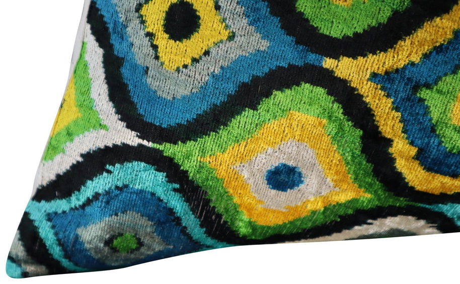 Canvello Yellow Blue Handmade 16x24 Silk Velvet Pillow, Organic Veg Dyed, Down/Feather Filled