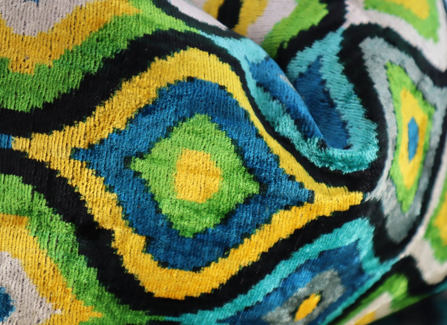 Canvello Yellow Blue Handmade 16x24 Silk Velvet Pillow, Organic Veg Dyed, Down/Feather Filled