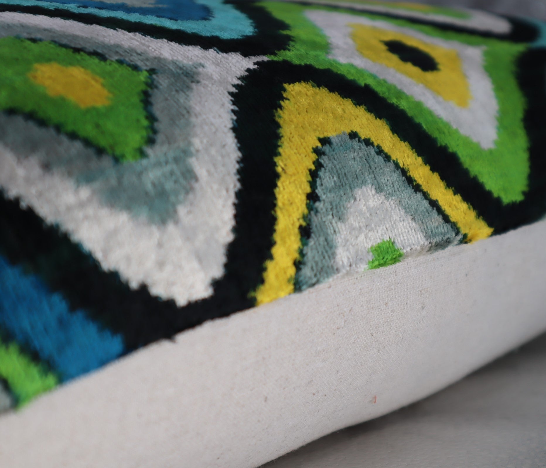 Canvello Yellow Blue Handmade 16x24 Silk Velvet Pillow, Organic Veg Dyed, Down/Feather Filled