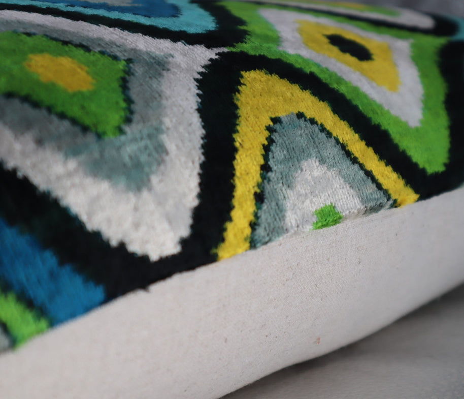 Canvello Yellow Blue Handmade 16x24 Silk Velvet Pillow, Organic Veg Dyed, Down/Feather Filled