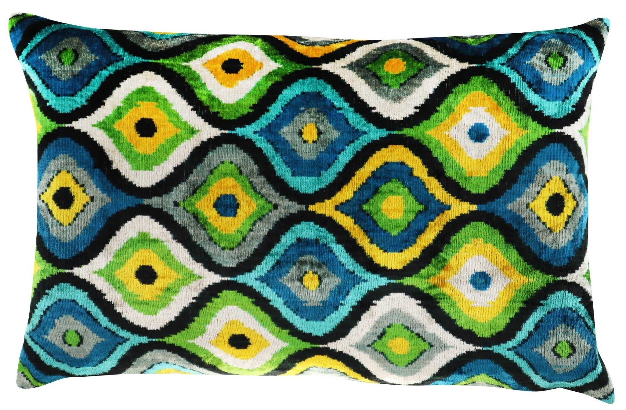 Canvello Yellow Blue Handmade 16x24 Silk Velvet Pillow, Organic Veg Dyed, Down/Feather Filled