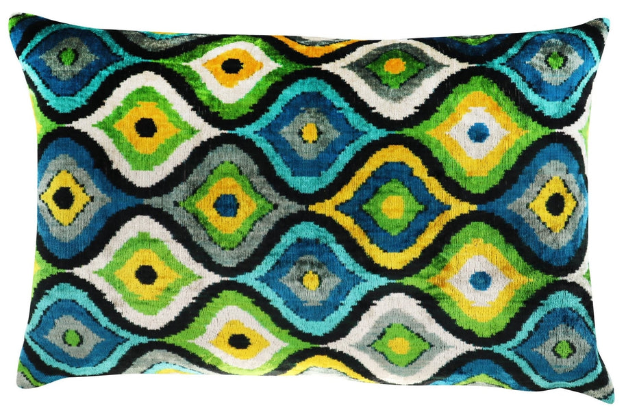 Canvello Yellow Blue Handmade 16x24 Silk Velvet Pillow, Organic Veg Dyed, Down/Feather Filled