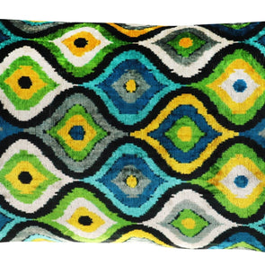 Canvello Yellow Blue Handmade 16x24 Silk Velvet Pillow, Organic Veg Dyed, Down/Feather Filled