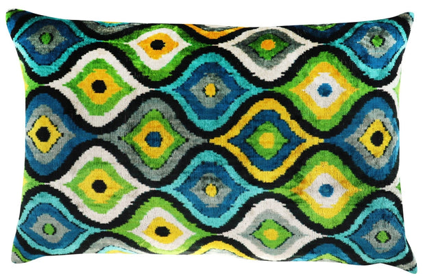 Canvello Yellow Blue Handmade 16x24 Silk Velvet Pillow, Organic Veg Dyed, Down/Feather Filled