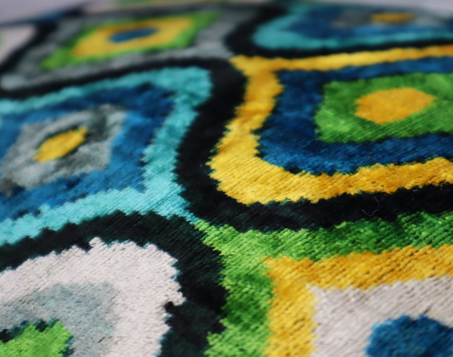 Canvello Yellow Blue Handmade 16x24 Silk Velvet Pillow, Organic Veg Dyed, Down/Feather Filled