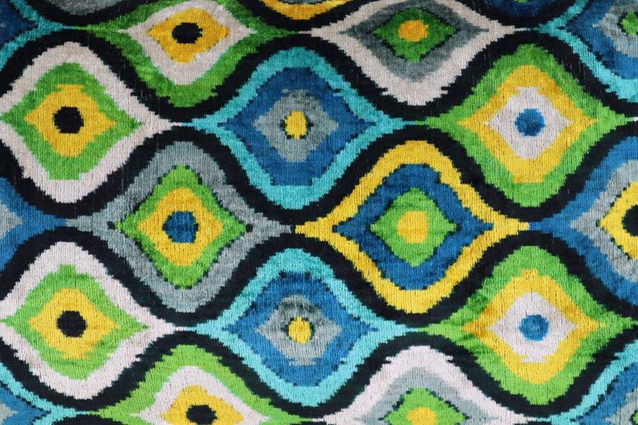 Canvello Yellow Blue Handmade 16x24 Silk Velvet Pillow, Organic Veg Dyed, Down/Feather Filled