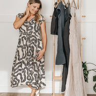 Reistor Deep V-neck Gathered Dress in Black Stripes