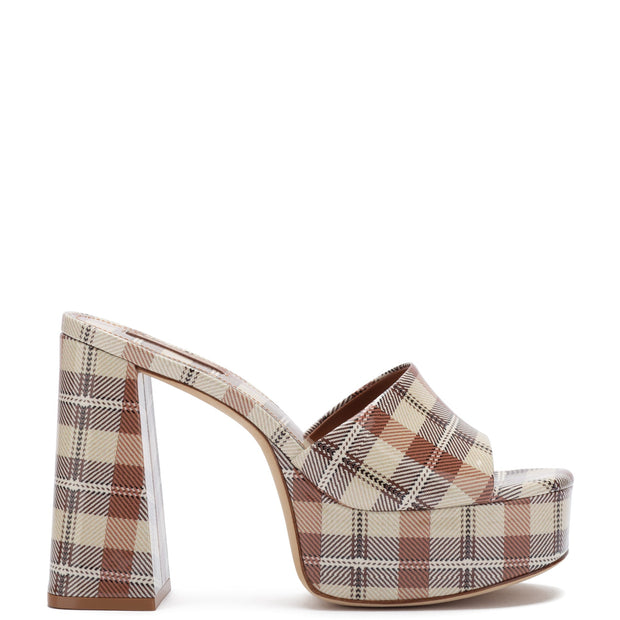 Larroude Dolly Mule In Caramel Plaid Patent Leather