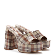 Larroude Dolly Mule In Caramel Plaid Patent Leather