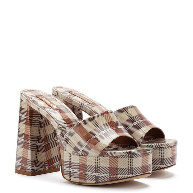 Larroude Dolly Mule In Caramel Plaid Patent Leather