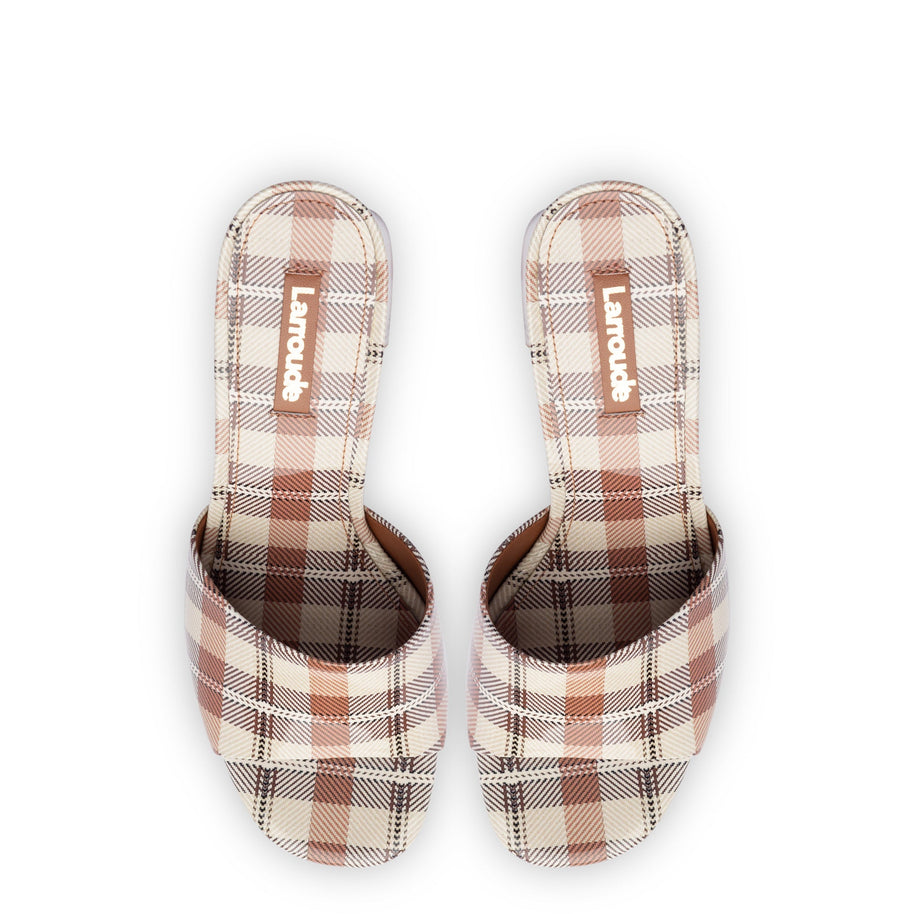 Larroude Dolly Mule In Caramel Plaid Patent Leather