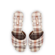 Larroude Dolly Mule In Caramel Plaid Patent Leather