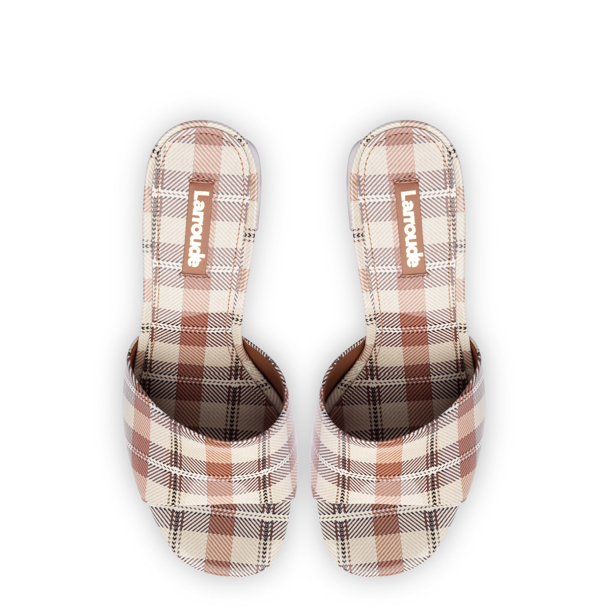 Larroude Dolly Mule In Caramel Plaid Patent Leather