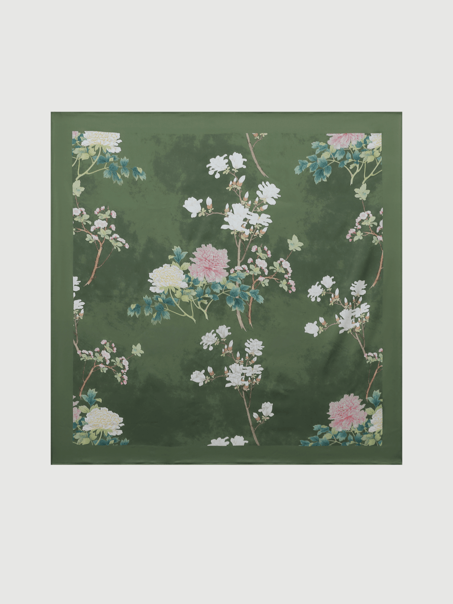 Ulivary Olive Charmeuse Floral Square Scarf