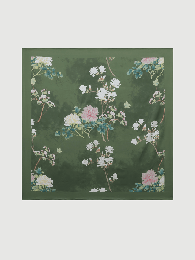 Ulivary Olive Charmeuse Floral Square Scarf