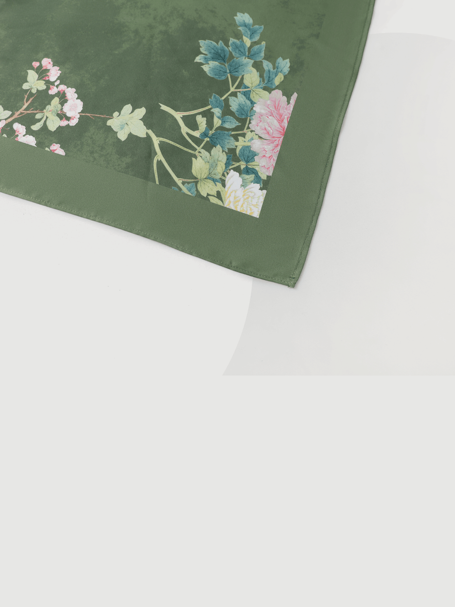 Ulivary Olive Charmeuse Floral Square Scarf