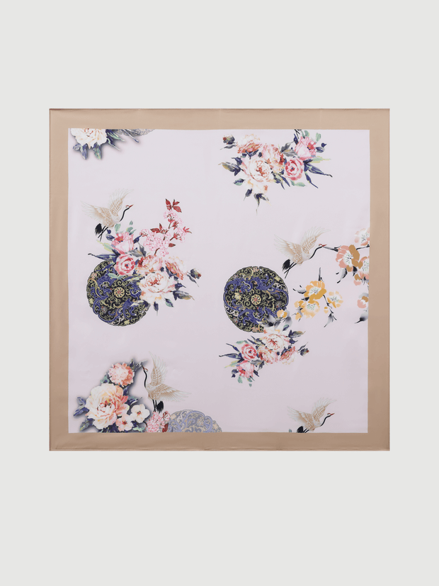 Ulivary Pink Crane Charmeuse Floral Square Scarf