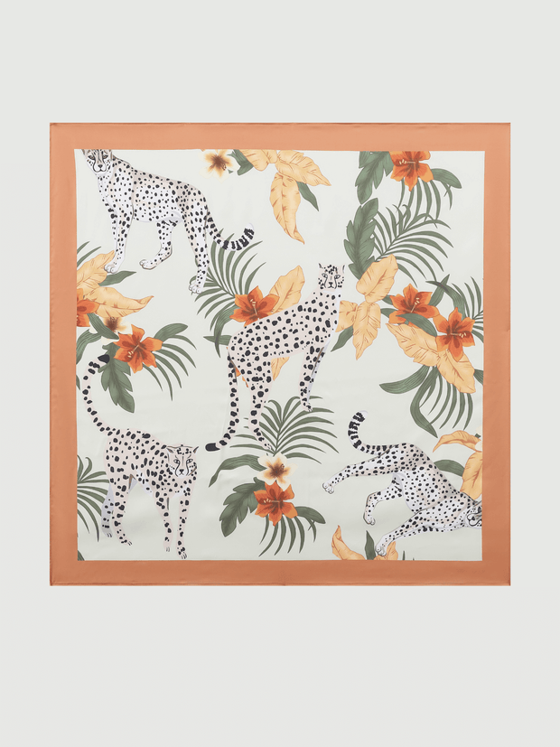 Ulivary Orange Leopard Charmeuse Floral Square Scarf